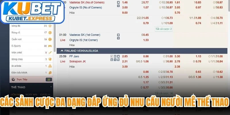 Các sảnh cược đa dạng đáp ứng đầy đủ nhu cầu của người mê thể thao
